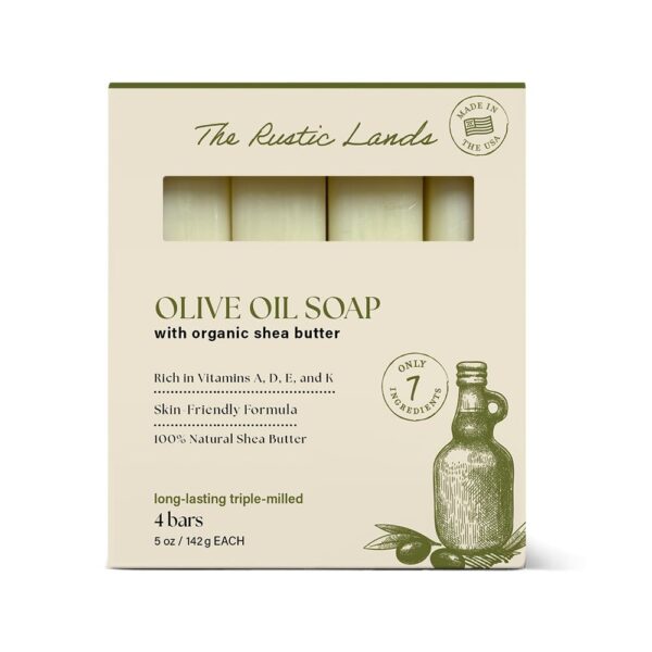 THE RUSTIC LANDS Natural Soap Bars Set of 4 - Made in the USA Soap for Sensitive Skin, Moisturizing Bath & Body, 5oz Each (4x5oz, Olive Oil)