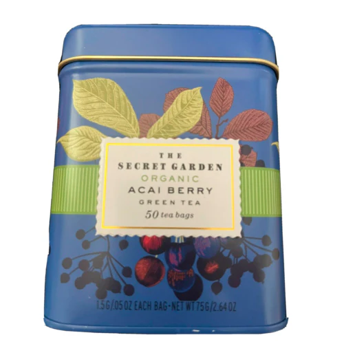 **About this item – *The Secret Garden Organic Acai Berry Green Tea (2.64 oz)*** * **Organic blend:** Flavored green tea made with organic green tea leaves and natural acai berry flavoring for a light, fruity taste. ([Steepster][1]) * **Tea bags included:** Typically sold as a pack of tea bags (e.g., 50 bags in the 2.64 oz tin). ([Life plus style gourmet][2]) * **Flavor profile:** Combines the mild, grassy notes of green tea with sweet, tart acai berry accents. ([Steepster][1]) * **Light caffeine:** Contains natural caffeine from green tea for a gentle energy boost. ([Life plus style gourmet][2]) * **Certified organic:** USDA organic and made without synthetic pesticides or GMOs. ([NineLife - Egypt][3]) * **Versatile use:** Enjoy brewed hot or iced depending on preference. ([walmart.com][4]) [1]: https://steepster.com/teas/the-secret-garden/108340-organic-acai-berry-green-tea?utm_source=chatgpt.com "Organic Acai Berry Green Tea Tea by The Secret Garden — Steepster" [2]: https://lpsgourmet.com/products/the-secret-garden-organic-acai-berry-green-tea-50-bags?utm_source=chatgpt.com "The Secret Garden Organic Acai Berry Green Tea 50 Bags – Life plus style gourmet" [3]: https://ninelife-eg.com/products/secret-garden-organic-ceylon-acai-green-tea-50-packets-natural-antioxidant-rich-herbal-leaf-teabags-usda-certified-100-organic-and-nongmo-caffeinated?utm_source=chatgpt.com "Organic Ceylon Acai Berry Green Tea - 50 Elephant Park -" [4]: https://www.walmart.com/ip/1705986260?utm_source=chatgpt.com "Secret Garden Organic Ceylon Acai Green Tea - 50 Packets - Natural Antioxidant Rich Herbal Leaf Teabags - USDA Certified 100% Organic and Non-GMO - Caffeinated - Walmart.com"